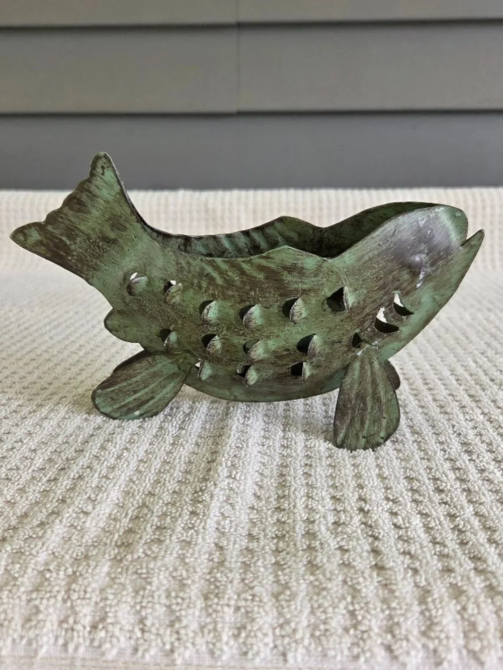 Metal Fish Tea Light Candle Holder Green Rustic Steel Sculpture 9” Cabin